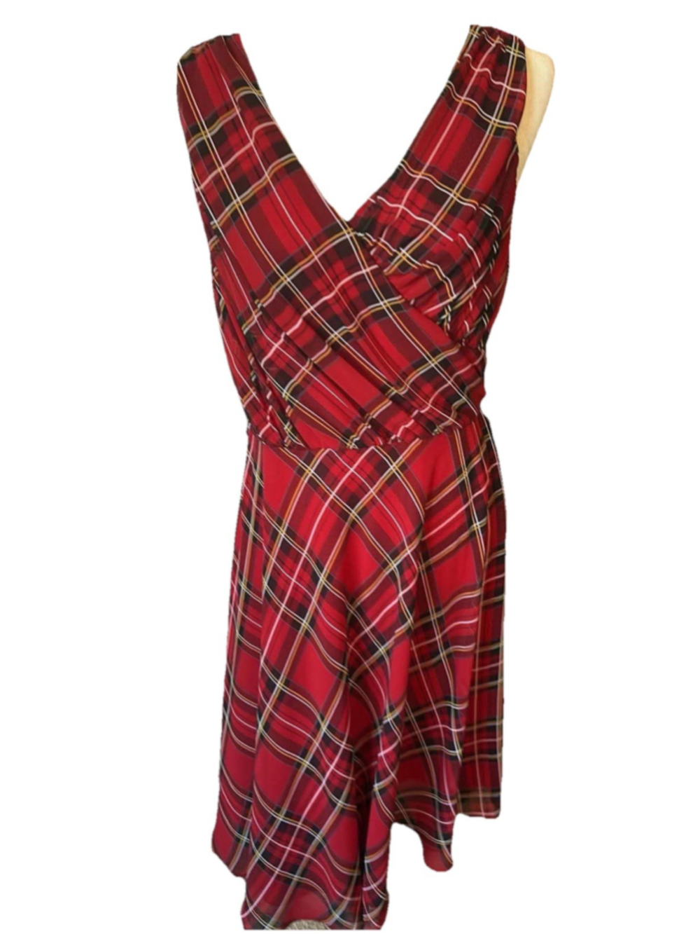 Coldwater Creek Plaid Red Midi Dress Sz 10 Slvlss Surplice Vneck Lined Tartan